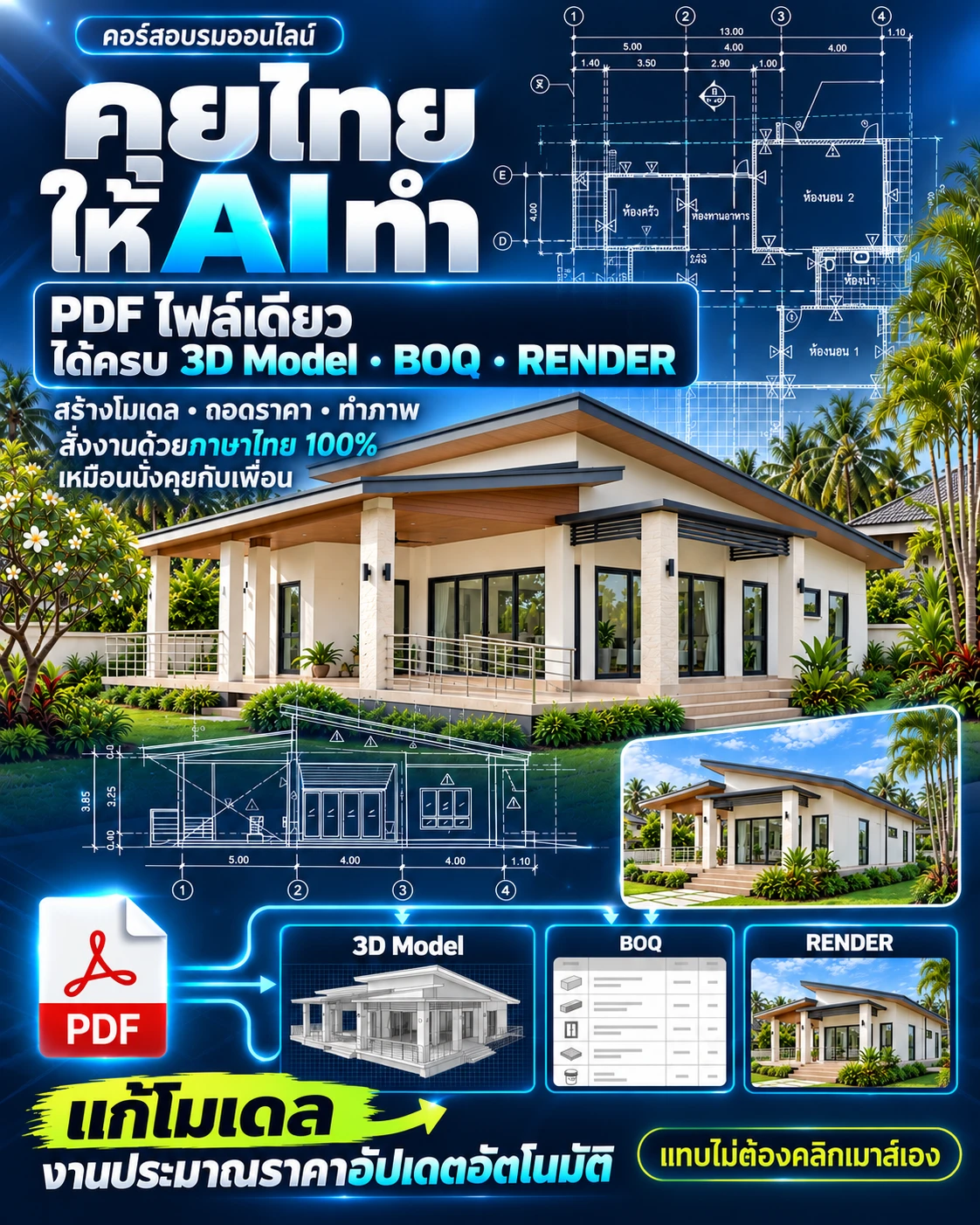 คุยไทยให้ Ai ทำ: PDF ไฟล์เดียว ได้ครบ 3D Model · BOQ · Render